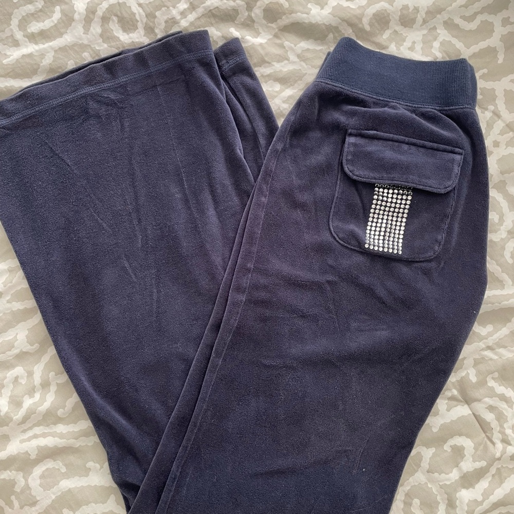 Victoria's Secret XS Navy Flared Velour Lounge Pants with Rhinestone Pocket